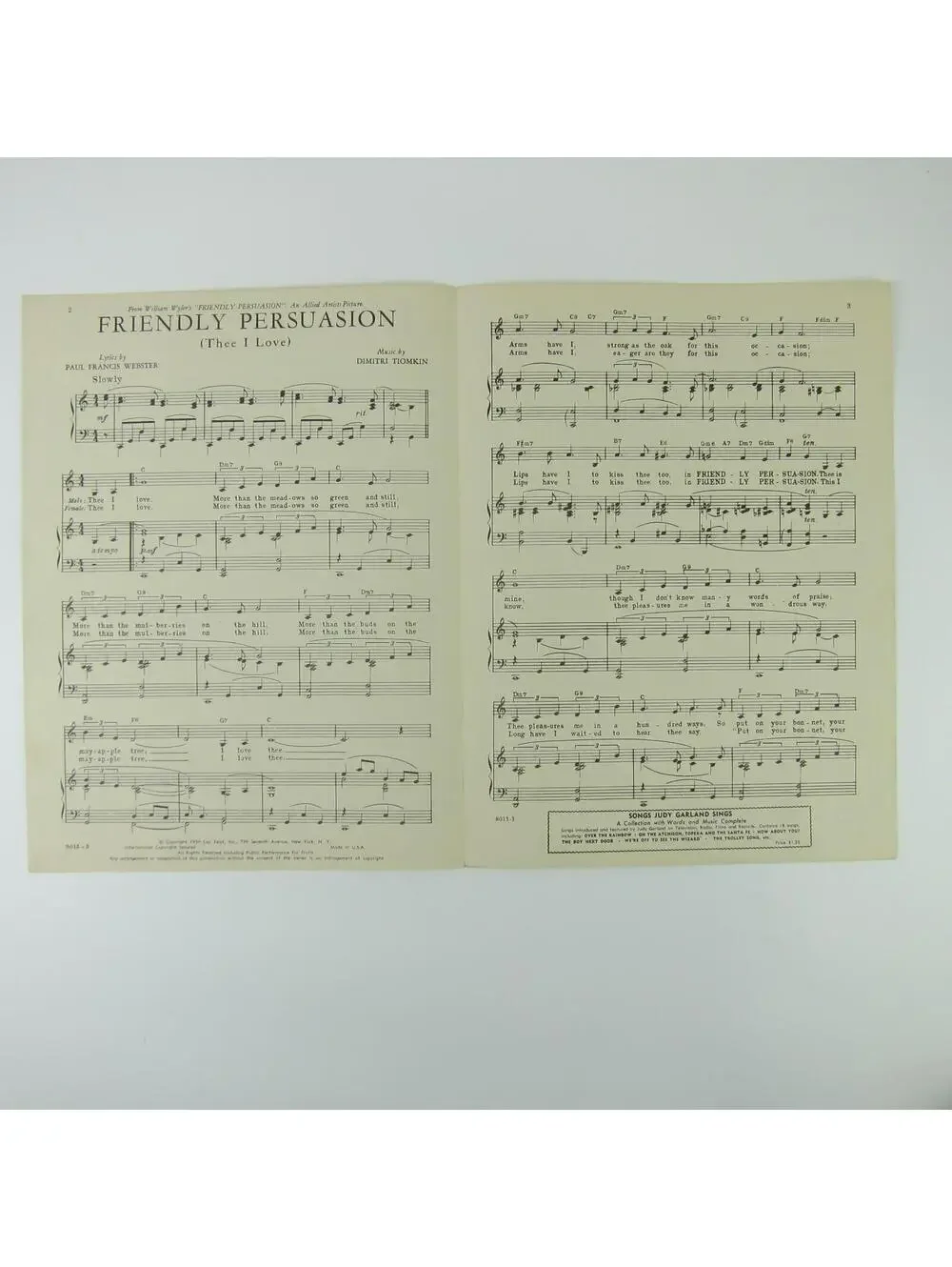 Sheet Music Friendly Persuasion Thee I Love Gary Cooper Dorothy McGuire 1956
